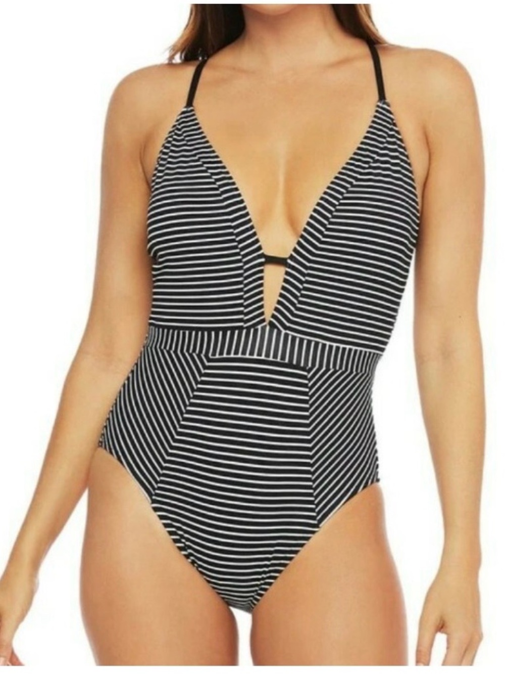 🆕 La Blanca V-Front Keyhole 1 Piece Pin Stripe Plunge V Neck Tie Closure. NWT